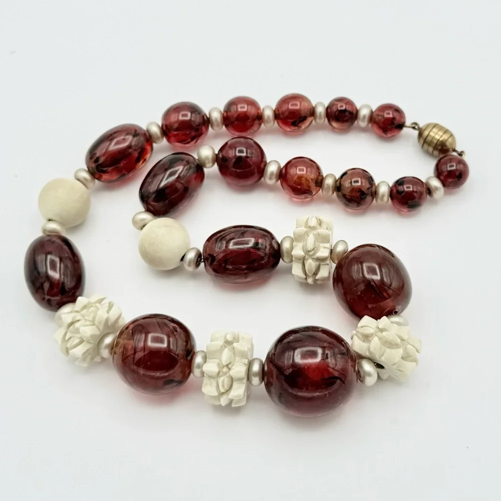 Vintage 1930s Louis Rousselet Art Deco Amber Glass Bead Carved Galalith Necklace